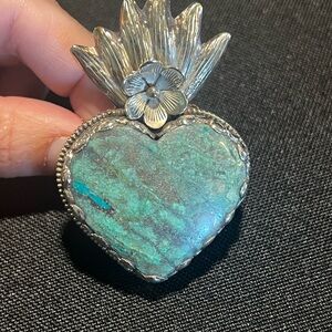 Turquoise Heart Ring with Silver Floral Accent